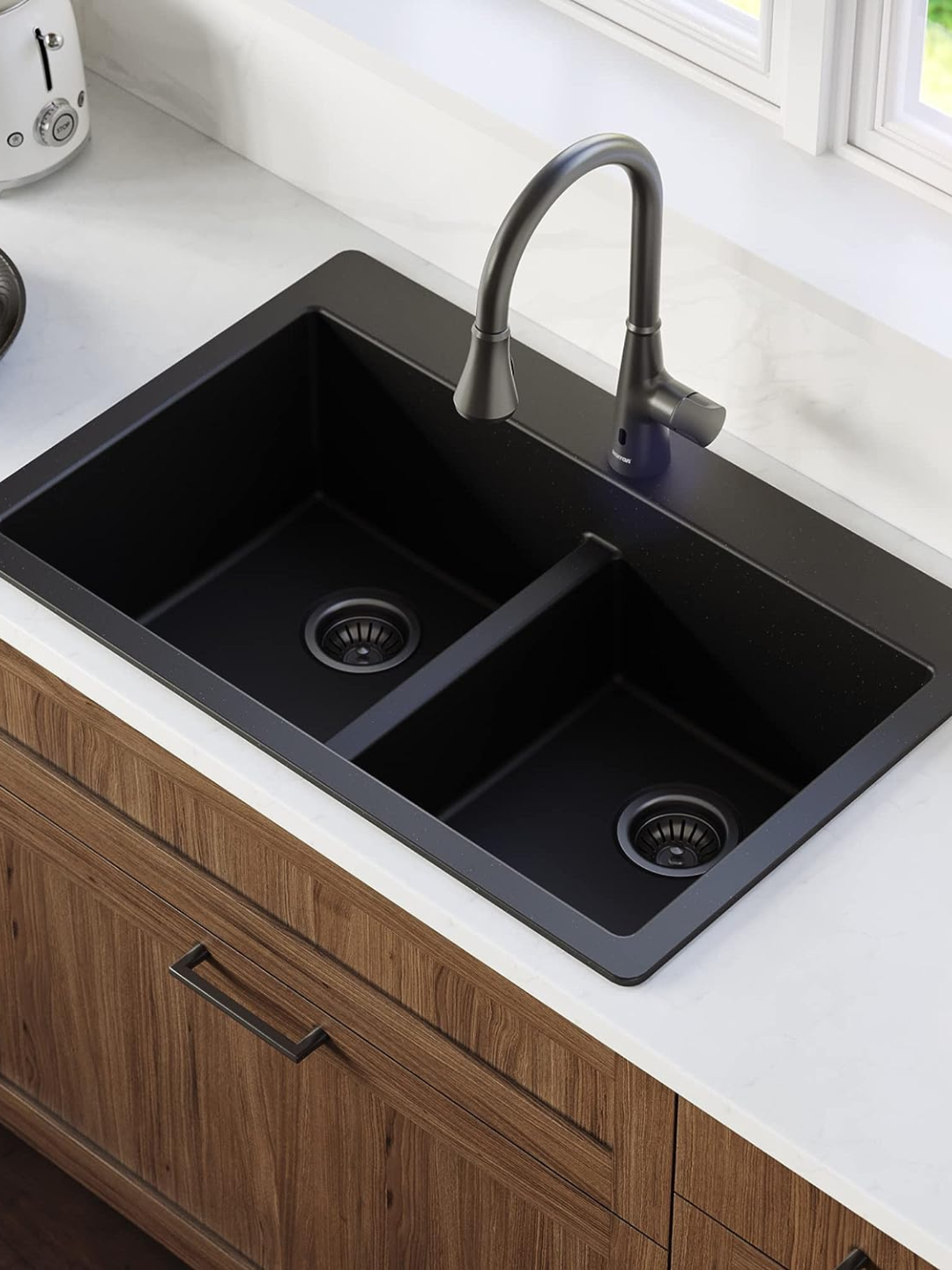 Top Mount Double Equal Bowl Quartz Kitchen Sink in Black