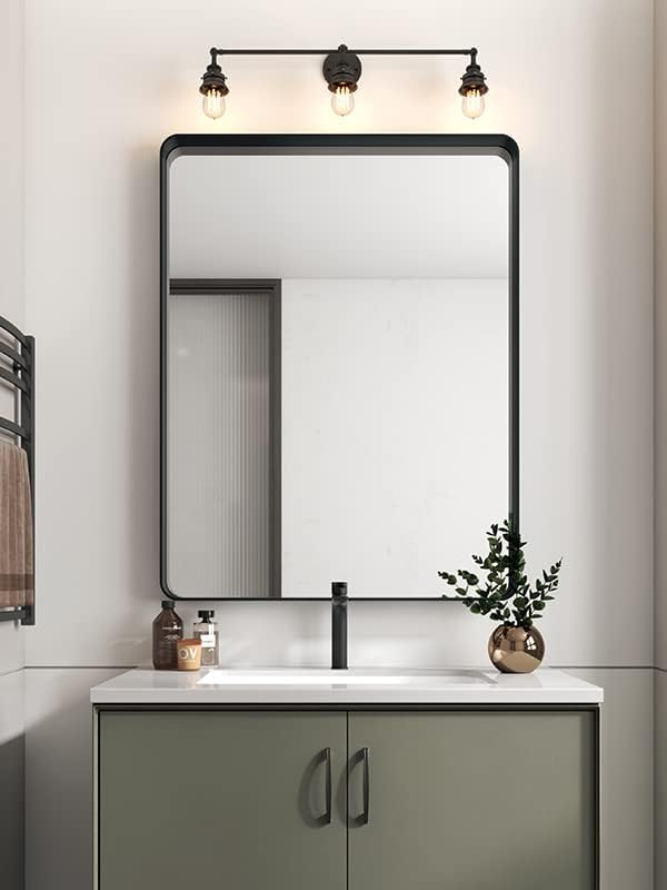 Modern Black Frame Rectangle Round Mirror for Wall